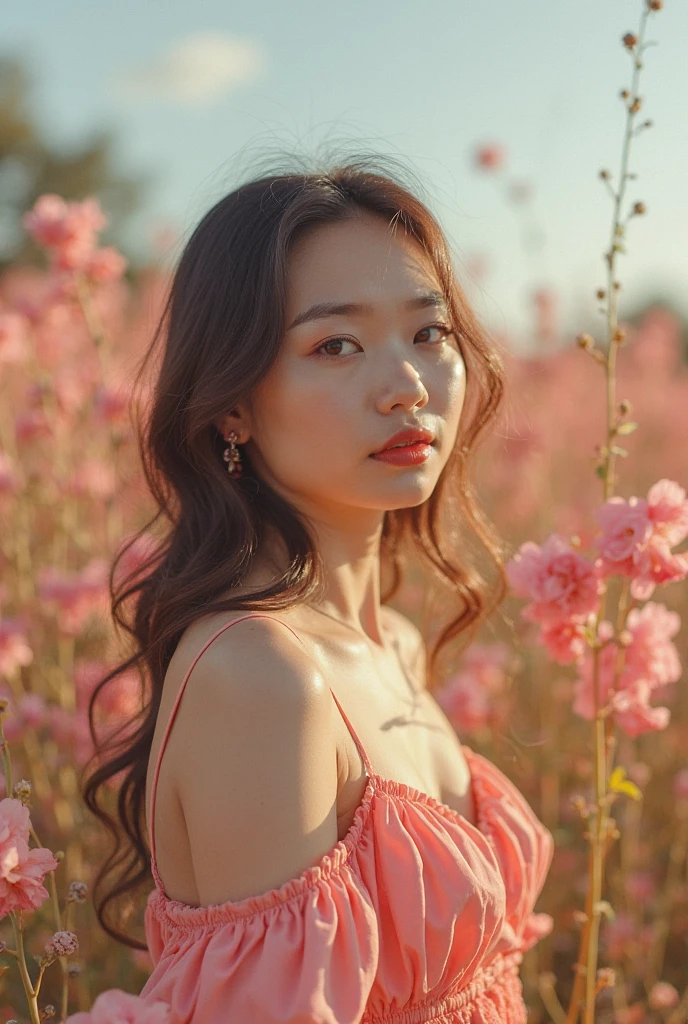 16:9 photograph, taken from a distance that shows the entire body, In a beautiful garden, admiring the roses with a short skirt and blouse, white color, long brown hair, a softened ironic smile - restrained excited happiness, soft lighting on the face, realistic textures of skin-clothes-hair, carpeted sky-blue eyes-fog, beautiful real textures and delicate aesthetics, seeing herself in full body, remarkable tribute to the natural feminine beauty of the body, noise, 8k quality, RAW PHOTO, by professional photographer, rule of thirds, extremely detailed