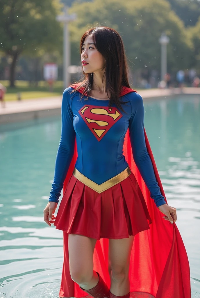 RAW, Best quality, high resolution, realistic, masterpiece: 1.3), Supergirl, black hair, perfect nose, perfect lips, perfect eyes, smiling, detail :1.2), supergirl in short red skirt, shinny blue skinsuit, full body image detail, watery eyes, RAW, Best quality, high resolution, masterpiece, duchenne smile, toothy smile, sitting high on the fence, spread legs wide open showing white lace panties, red skirt, show cameltoe, medium thick thigh, supergirl, outdoor Vancouver city, cloudy weather, full body picture.