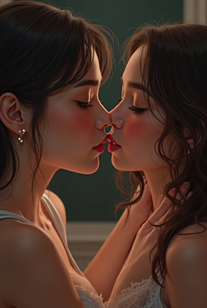 masterpiece, quality, A high resolution,((( 2 girls))), ((Yuri)), ((this kiss:1.4)), giving a hot kiss, in the bedroom, sexy lingerie