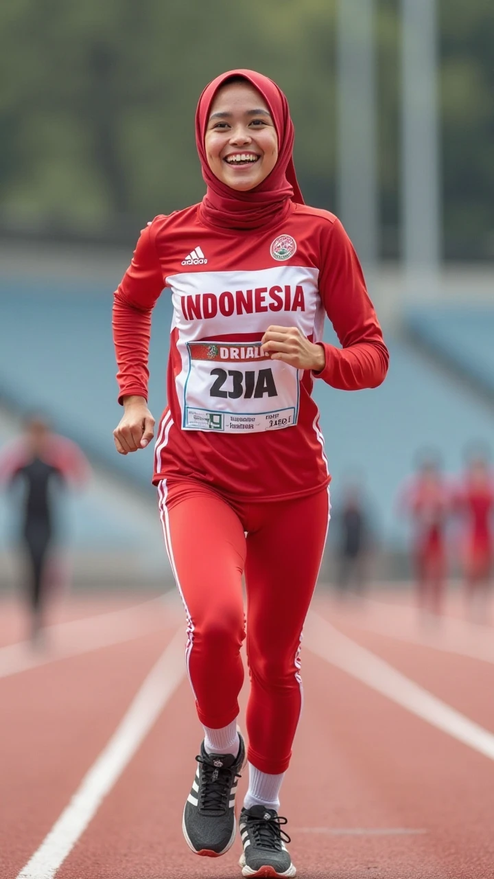 Create an energetic image of a Malay girl in hijab participating in a relay race, her teammates cheering her on as she sprints with determination