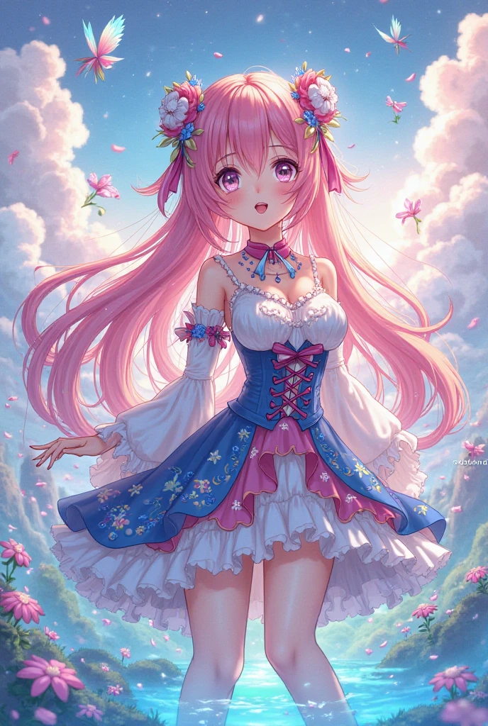 ((Moe anime art style:1.2)), (((masterpiece))), (((best quality))), ((ultra detailed)), (illustration), ((an extremely delicate and beautiful)), ((super detailed skin)), (((8K))), BREAK (((solo girl, A young-looking princess))), (18 years old), ((full body)), (sit astride, straddling), BREAK (((Shiny dark red taffeta fabric))), ((Dense lace, Long train, Lots of frills)), (((Full-length crinoline hoop skirt, Beautiful and luxurious Marie Antoinette English gown))), BREAK (((huge breasts))), ((breast focus, cleavage cutout)), Sweat on the chest, BREAK (((Super delicate and beautiful face))), ((Beautiful Lips, Delicate beautiful eyes)), ((embarrassed)), BREAK bangs, (((Pink Hair, Fluffy ponytail, Curly Hair, Expressive hair, very voluminous long hair))), Beautiful silver and jeweled hair ornaments, BREAK (((nature))), (in forest), ((so many colorful flowers)), ((Flowing petals)), Particles of light pouring down, (light sparkles:1.5), (light leaks:1.5), (depth of field:1.5),((magnificent panorama view:1.5)),