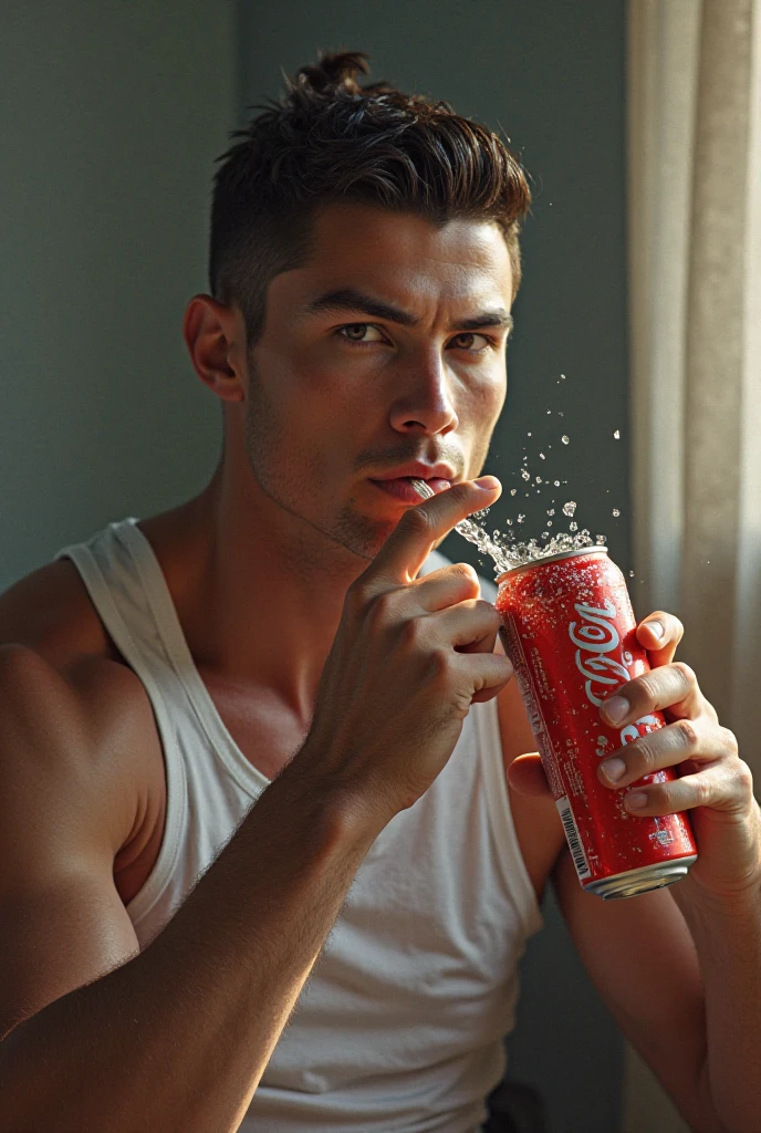 Man sitting crossed legs with a Coca-Cola in his hand smiling and with the Coca-Cola animation in the 70s-80s