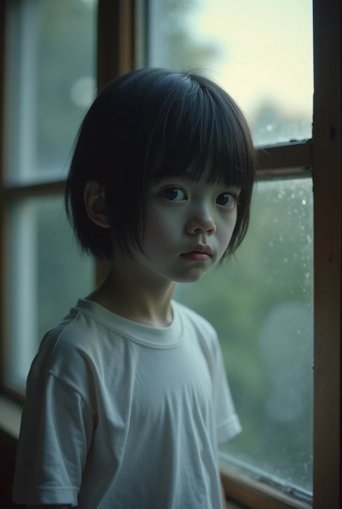(realistic,photorealistic:1.37), 10 years old, averted gaze, 1 girl, small face, cowboy shooting, wide shot, small and dirty room, 2000s, (night), poor quality.