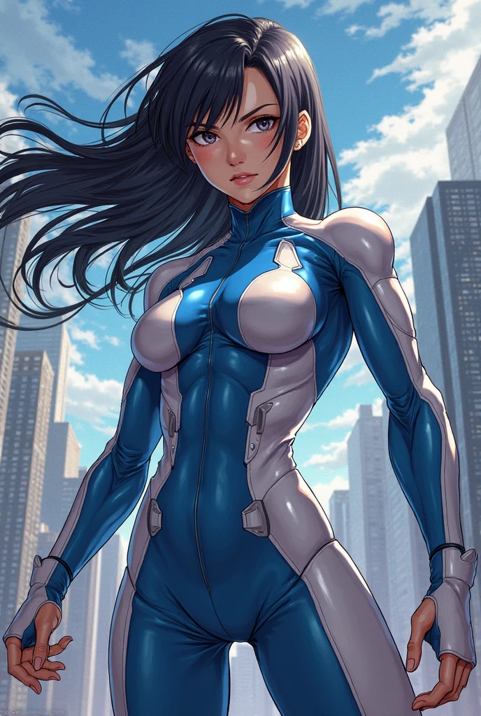 Girl with black hair that are blue on inside. Blue eyes with an tall athletic body,aesthetic, high resolution, detailed, 8k