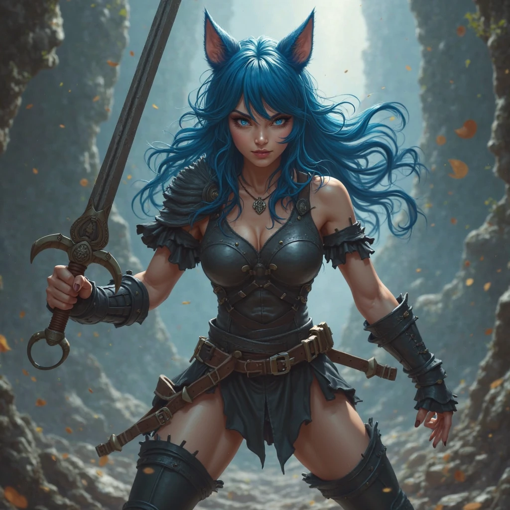 ((best quality)), ((masterpiece)), (detailed), female, kobold, barbarian, fantasy, horns, blue eyes, cute