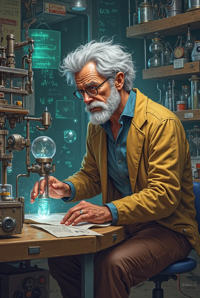 Steampunkai, crazy inventor, creating in his laboratory, al (frankenstein's monster)