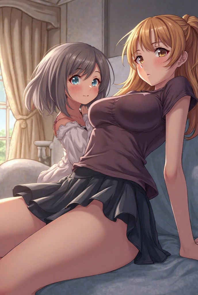 (best quality, ultra-detailed, photorealistic: 1.39), bright and vibrant colors, studio lighting, romantic expression, An effeminate girl, with a delicate and beautiful face. She is a girl who reflects seductive beauty, sparkling eyes, a beautiful woman with her blonde hair, her large breasts seduces, her silver eyes match her parted lips, beautiful pose in the left corner of the image, On the wall of the room there is a message written "Cute and Sexy Girls" hearts and kisses emoji in message, anime style, Anime Bishoujo