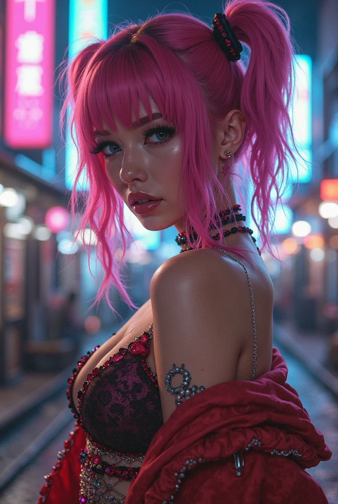geisha. pink hair. cyberpunk. Cyberpunk Background. tattooed . bright pink eyes. Raby . wetty hair 