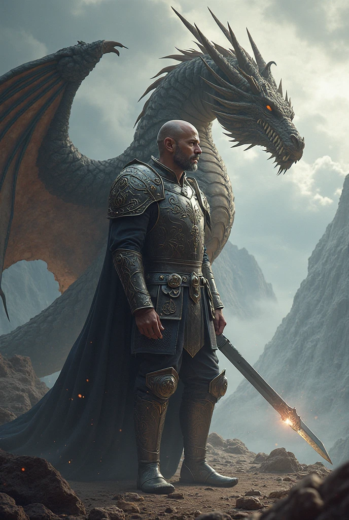 Make an image of a Targaryen warrior next to his black dragon