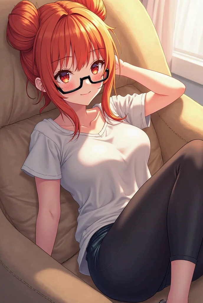 Cute girl, long orange hair, cropped bangs, round glasses, gray eyes, black T-shirt with white stripes, big breasts, exposed stomach, underpants, toy hand in hand, sitting in her room and playing
