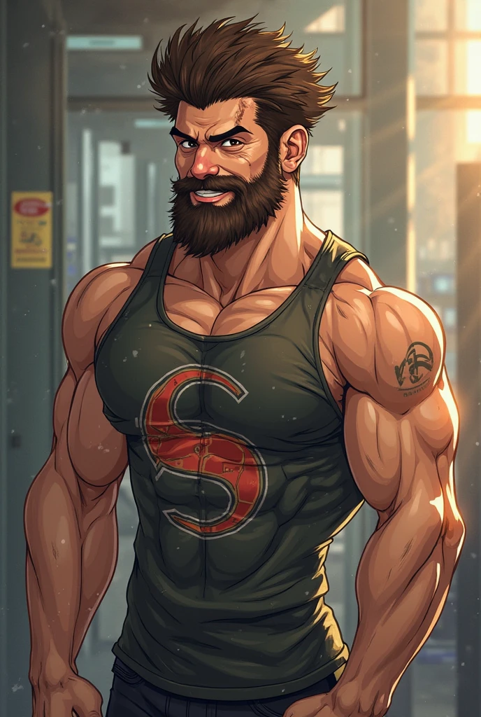 Robust athlete man, upper body revealed, legs uncovered from thighs to feet, bearded with beaded accents, flowing long curls, meticulous muscle definition, lifelike representation, 4K quality. Background: Gymnasium with weights and exercise equipment.,32k uhd, best quality, masterpiece, super detail, high details