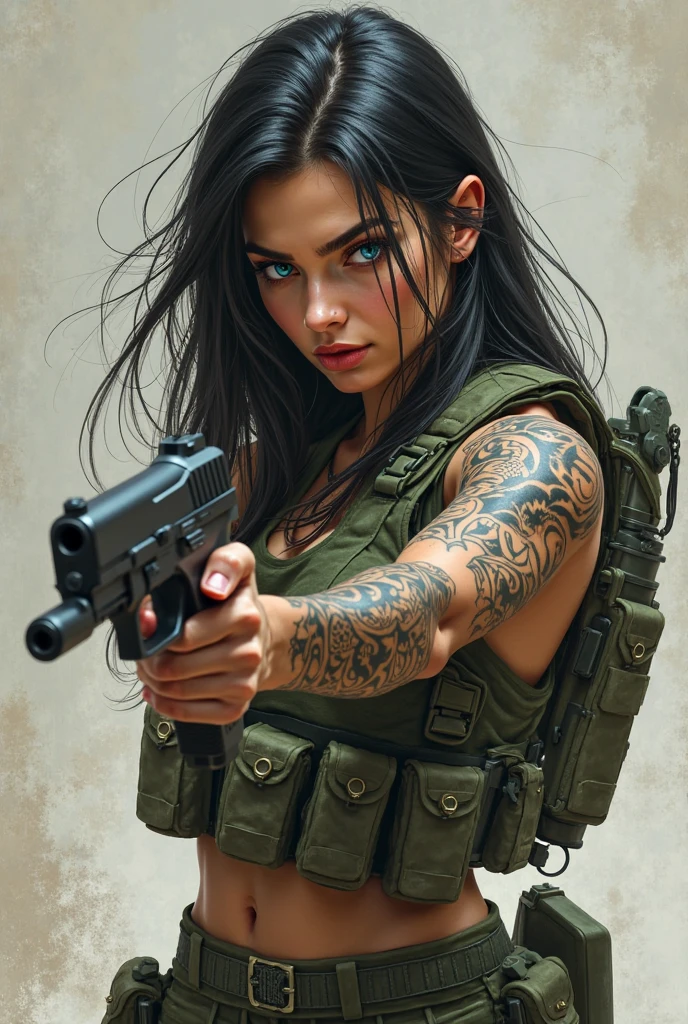 ((Toma de retrato)) Tacticool, Hermosos dedos,Dedos detallados,Mujer, Cara europea, Estilo Tank Girl, Chica punk-rock(Pelo Corto morado y rosa: 1.5), muy tatuado, rebelde, agresiva, encantadora,Chica alternativa,falda militar,(Oeste: 1.2), Ametralladora en manos,militar, 4k, High resolution, obra maestra, La mejor calidad, (cabeza: 1.3), cuero finamente detallado, escote, Gran cerezo en flor.falda,Lean towards the viewer