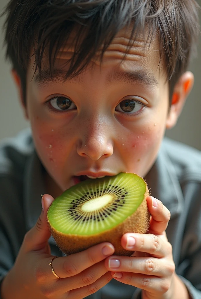 The Superman child, stark, eating an avocado, white background