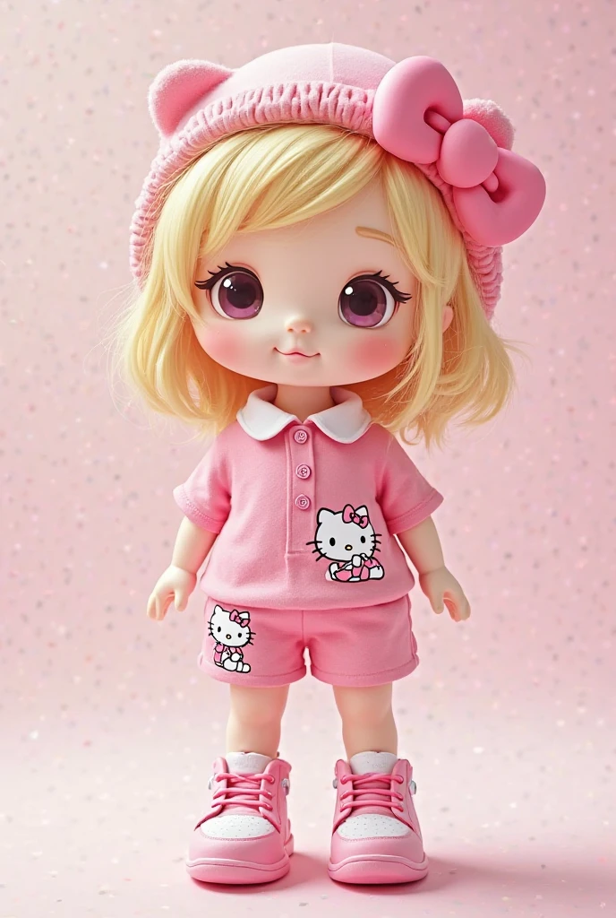  chubby and cute adult with waist and no belly wearing Hello Kitty sleep pants and a white Coraline decorated t-shirt and pink Hello Kitty nails and Hello Kitty slippers, She has to have straight, light brown hair and she has to be with an orange kitten in a room decorated entirely in pink and with Barbie dolls and a PC game decorated entirely in pink. She has to be Brazilian.