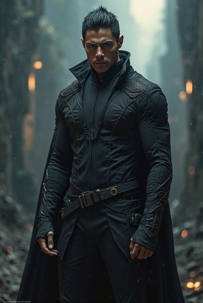 create a hero), wearing black costume of the SoldierBoy from the series Theboys, strong and muscular, without symbol on the chest, Jamie Dornan, (Moreno with model face), wearing dark beard, dark short hair, man similar to actor jamie dornan, (high quality and realistic image), destroyed city background, cinematic style, ((Best quality, 8k, Masterpiece).