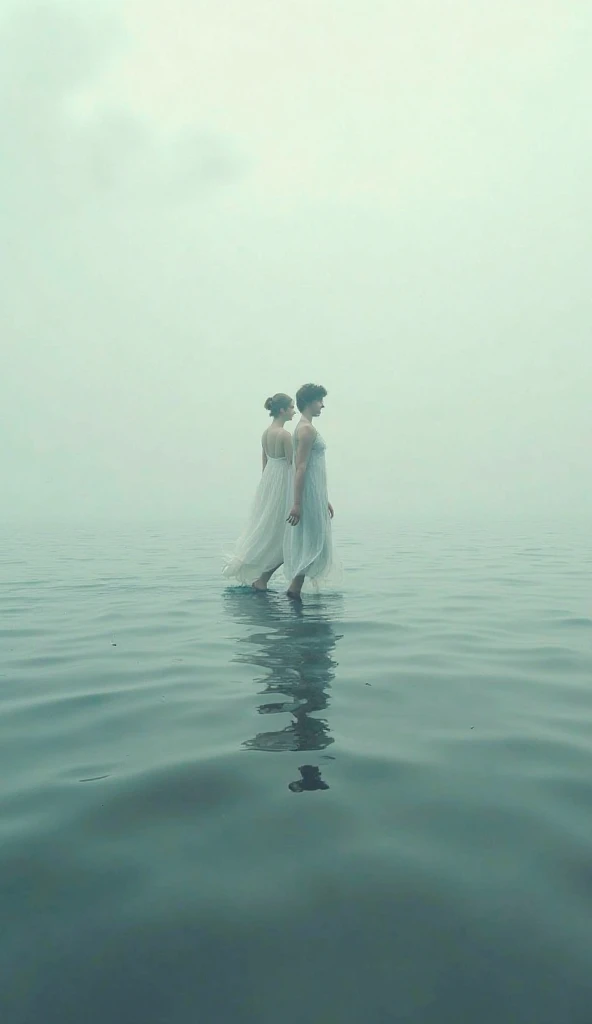 People swimming in a lake in evening dress and heels