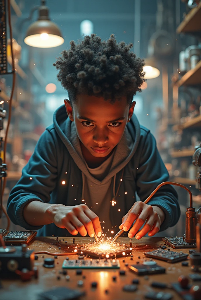 A mulatto boy working with welding 
