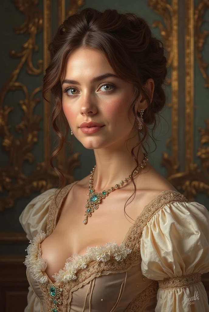 Raw photo、Cinema Lighting, Soft Blur, One woman、Rococo dress、Lady、((Spanish, Upper Body, 19 years old, Sunburned skin, Moisturized Skin, Brunette, Chignon Hair, tiara, Bright brown eyes, Long face, High nose, archaic smile:1.4)), Woman in crimson and gold dress, slim and small breasts, necklace, Rococo Queen, Rococo portrait, Exquisite and aristocratic, Aristocratic appearance, 優雅なLady, 18th Century Duchess, 18th century style