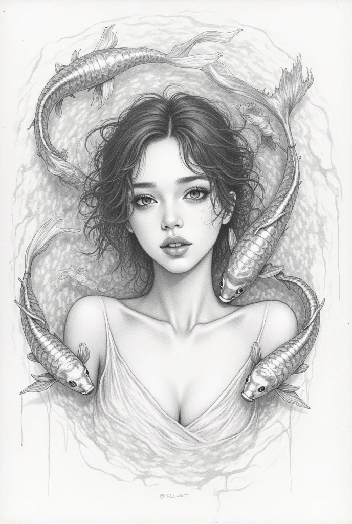mermaid with long scaled tail, long angle shot, long flowing hair, air bubbles, anime, fine - face, symmetry face, fine details. anime. low detail black and white lineart coloring page by katsuhiro otomo, Disney mermaid, trending on pixiv, artstation, no background