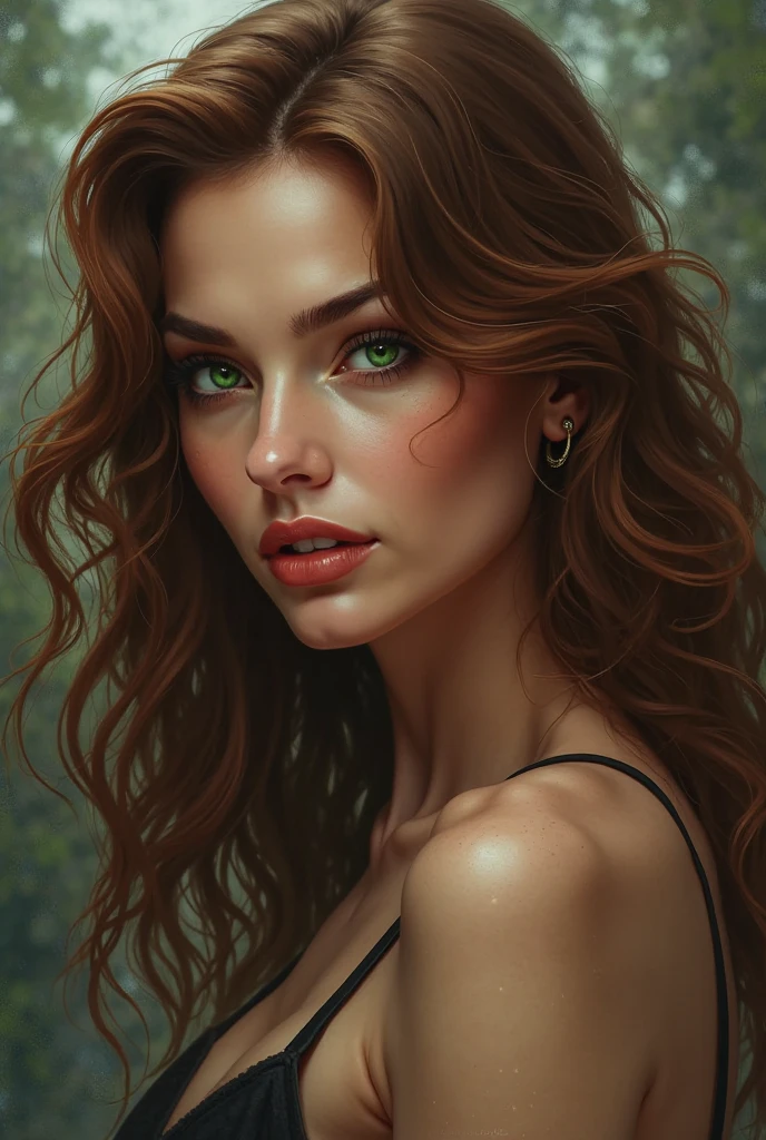 A stout woman with long brown hair and green eyes