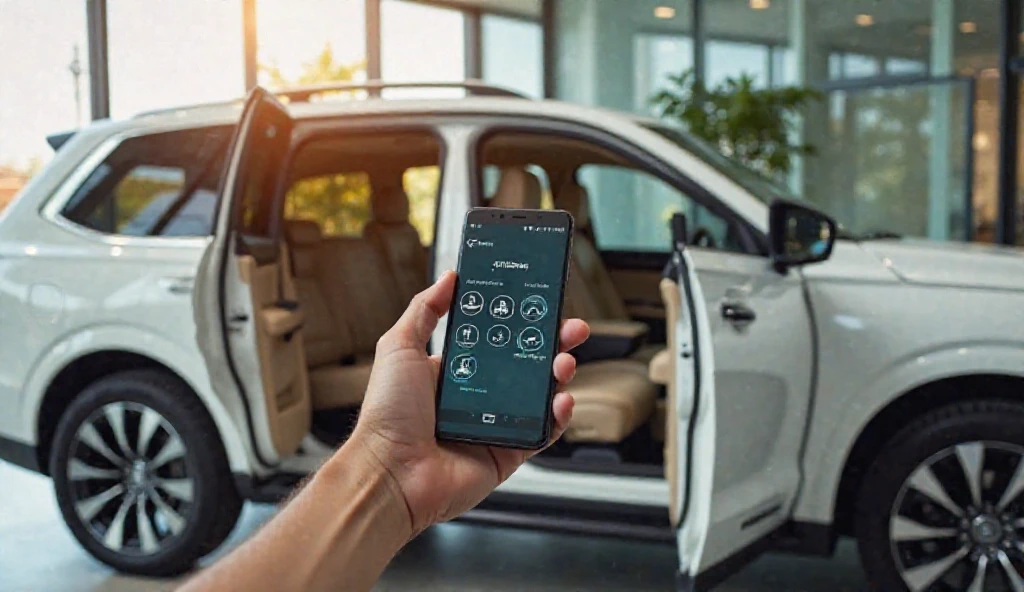 "A luxurious white SUV with open sliding doors, beige leather seats visible, parked in a modern car showroom with large glass windows. A person holding a smartphone with car control apps on the screen, showcasing remote access features. Sunlight softly illuminates the interior, and reflections can be seen on the car's glossy surface."