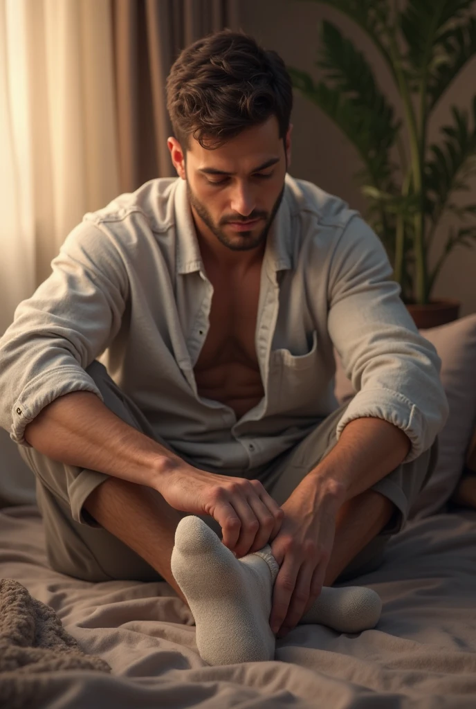 A young man sitting on his bed counting his 20 coins in his hand