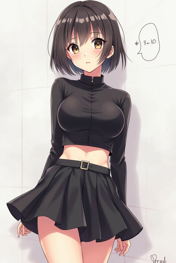 masterpiece, best quality, highres, 1girl, solo, jewelry, skirt, sweater, necklace, black skirt, black hair, short hair, ribbed sweater, socks, turtleneck sweater, turtleneck, white socks, blue eyes, long sleeves, pleated skirt, ribbon, breasts, bow, hair ribbon, hairband, hair bow, bangs, large breasts, sarashina ruka,