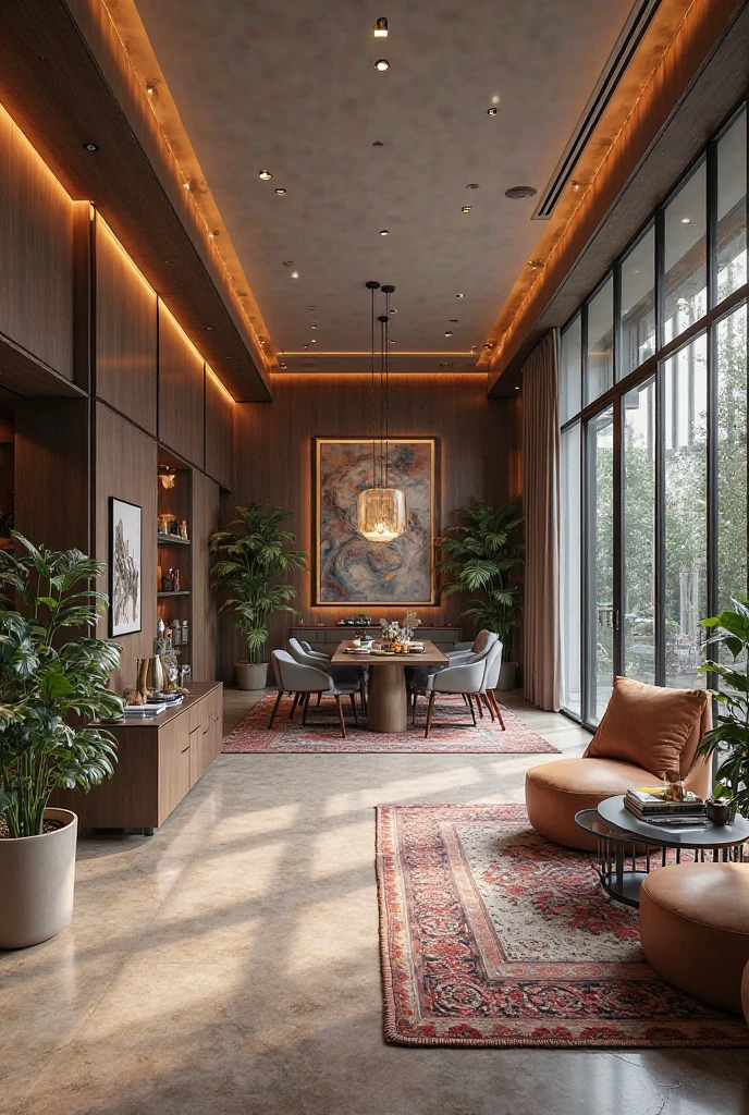 Raw photo, Masterpiece, high quality, best quality, authentic, super detail, interior, indoors, livingroom style modern, sofa,chair,floor tile,nigh light, table dining,window glass, daylight:2.2), vivid colors, (realistic:2.3),