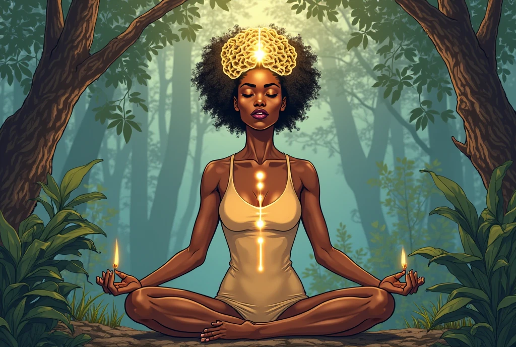 painting of a woman sitting in a lotus position with her hands in the air, nature goddess, afrocentric mysticism, dmt goddess, dark skin female goddess of love, patron saint of 🛸🌈👩🏾, goddess art, goddess portrait, a stunning portrait of a goddess, goddess of nature, beautiful goddess, by Thomas Blackshear, goddess of the forest