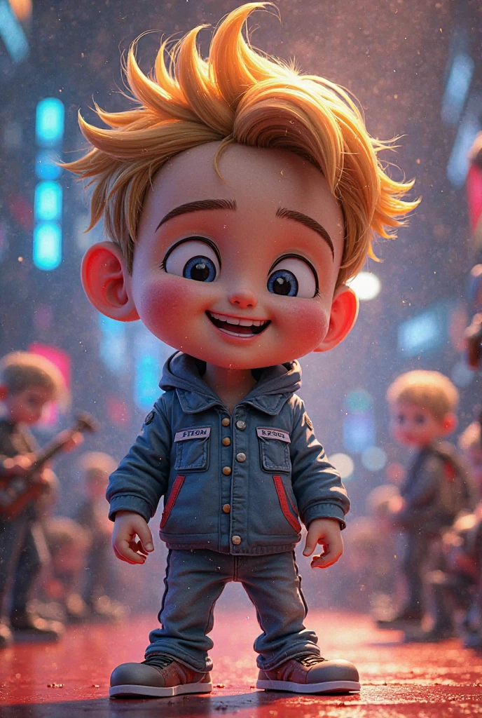 カメラに向かってウインクしているイケイケ赤ちゃん: "Create a lifelike image of a baby wearing stylish, oversized sunglasses, winking playfully at the camera with a cheeky grin. The baby is dressed in a mini leather jacket with tiny jeans, giving off a cool and confident vibe. The background is a bustling outdoor café with parents and kids, adding to the lively and social atmosphere."