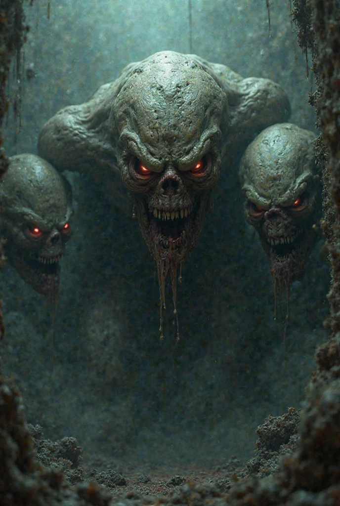 Masterpiece, best quality:1.2), in (full shot:4.1) of lot of 9monsters, ghouls, zombies, (spitting fire on the ground:1.5) (the undead horde surges across the desert, leaving a trail of chaos and destruction in their wake. a space creature appears with red eyes glowing with an eerie light and its mouth twisted into a grotesque snarl:2.5), inspired by Zdzislaw Beksinski and Peter Gric, (with Creepy, Sci-Fi, Fantasy and Horror:2.5) retro sci fi, Horror movie, very detailed body, moody 