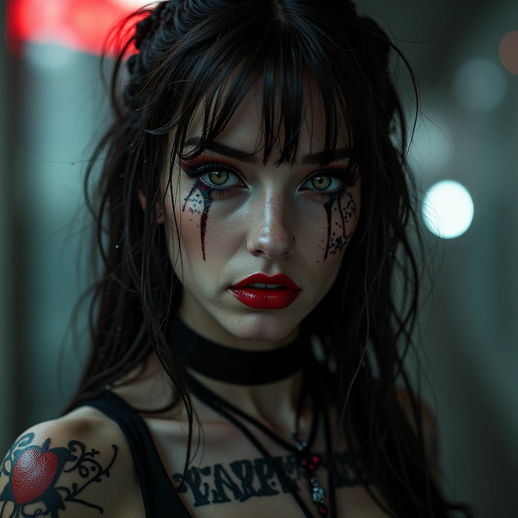 Full body, 1 girl 25 years old 1 girl 18 years old, Zombie apocalypse, Pistol holster + pistol, carrying M4 rifle, Muscles, Cargo pants, small shirt, Body armor, 36DD , backdrop of burning city, Looking at viewer, Dark, smoke in sky, raining, sunset, depth of field, (special attention to skin detail: 1.2), Detailed leather texture, skin pores, spooky atomsphere, (pale skin), Adult, ((Eye makeup, pink mascara)), ((large detailed lips)) 2 girls, girl 1 = Long black hair, girl 2 = punk pink and orange hair, (((ultra realistic))) Photo, masterpiece, blood, cuts, scratches,