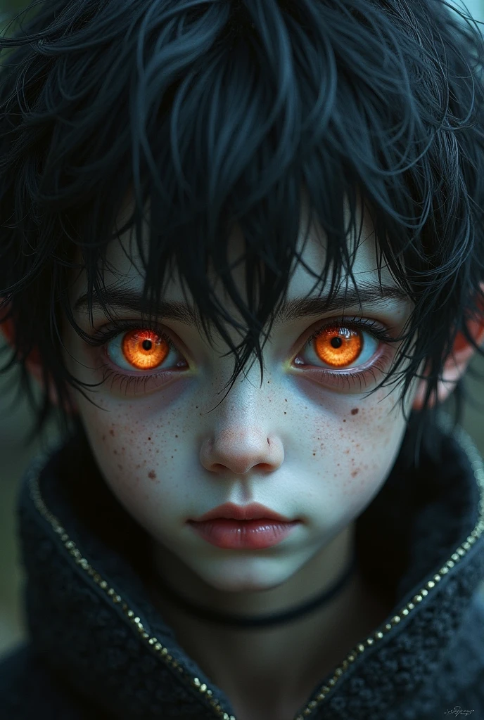 A blue-haired boy with deep red eyes with demon-like features