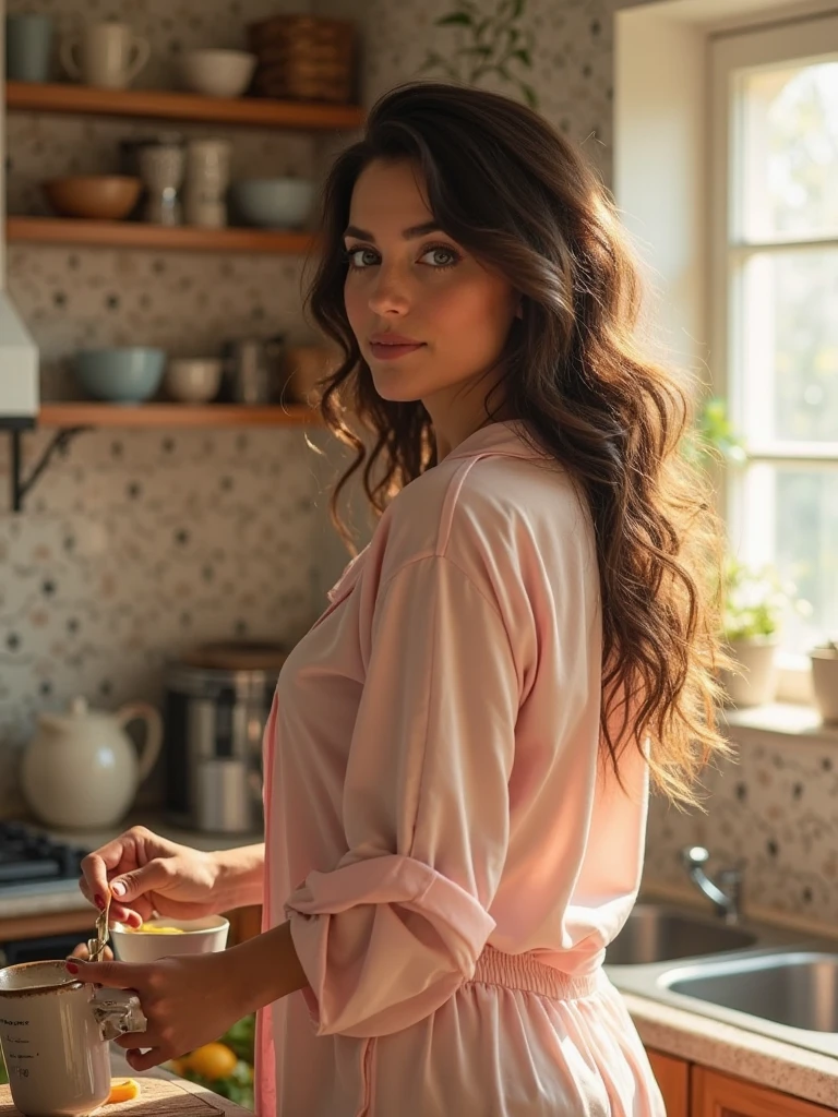 A brunette woman with long curly hair cooking in pajamas