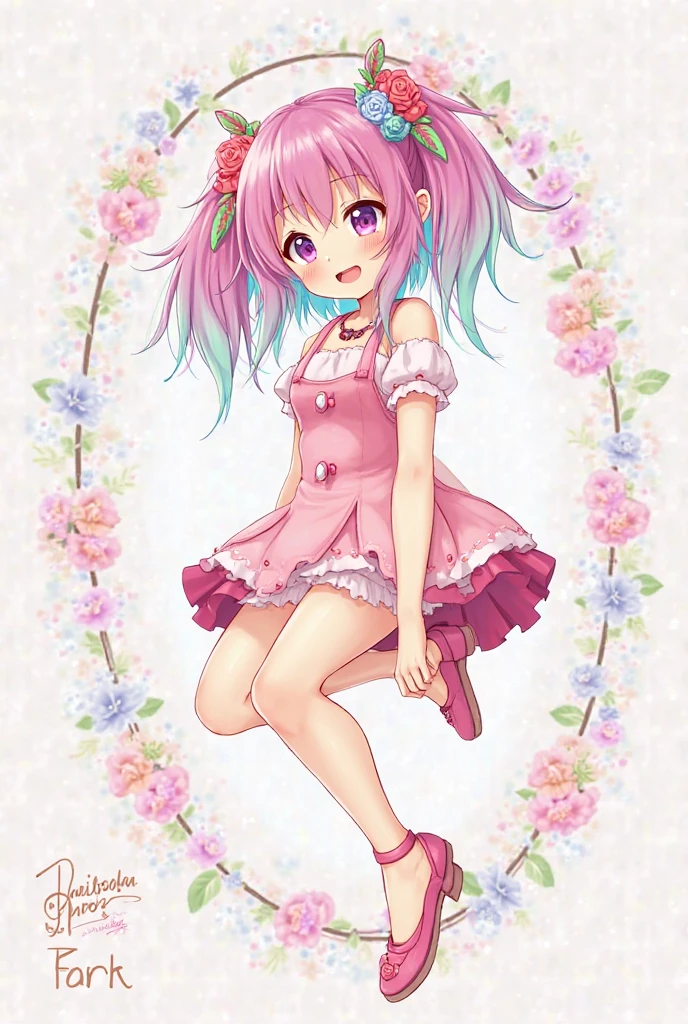 Pastel Watercoloranime、redhead, 1 girl, 、summer👗、Wreath Background、white, squat down, high ponytail、platform sneakers、smile、Up from the side、anime girl with red hair and blue dress kneeling on a platform, cute anime girl, cute anime style, cute art style, cute anime, soft anime illustration, , cute kawaii girl, (anime girl), the anime girl is crouching, beautiful anime art style, pixiv style, beautiful anime girl squatting, in dress, pixiv