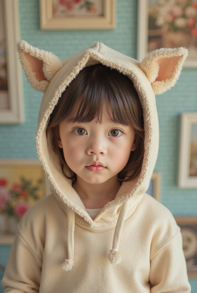 CHILD girl with long hair wearing a white sweater and muffled black ears.