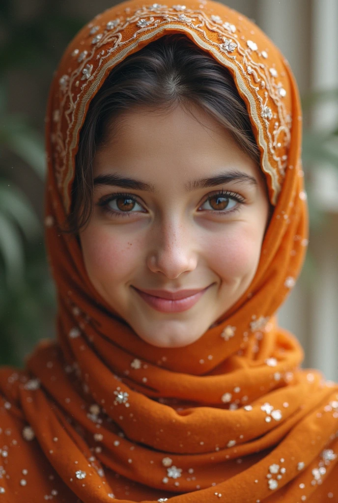 A round face girl having doe eyes and bigger eye lenses of black colour and wearing hijab properly coverd and some jewel like tikka and earings and necklace and sage green dress front side pic
