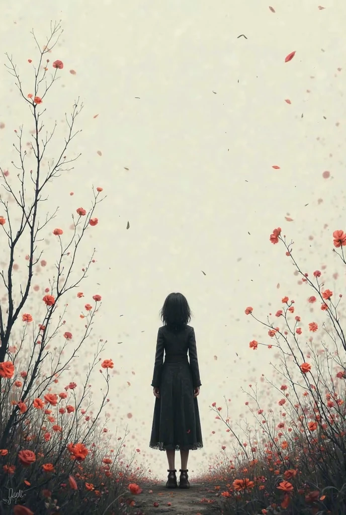 a girl standing under the dead tree,black and red palette,eerie,