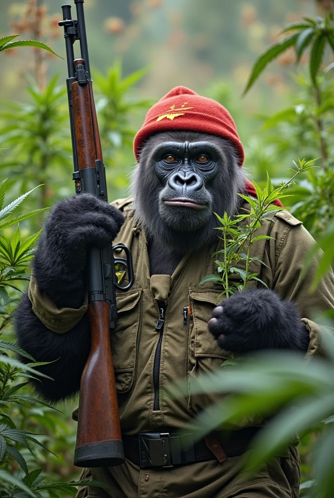 photo, (Sniper PongoAbelii:1) (Ape Soldier wearing Uniform:1) holding (Sniper Rifle)