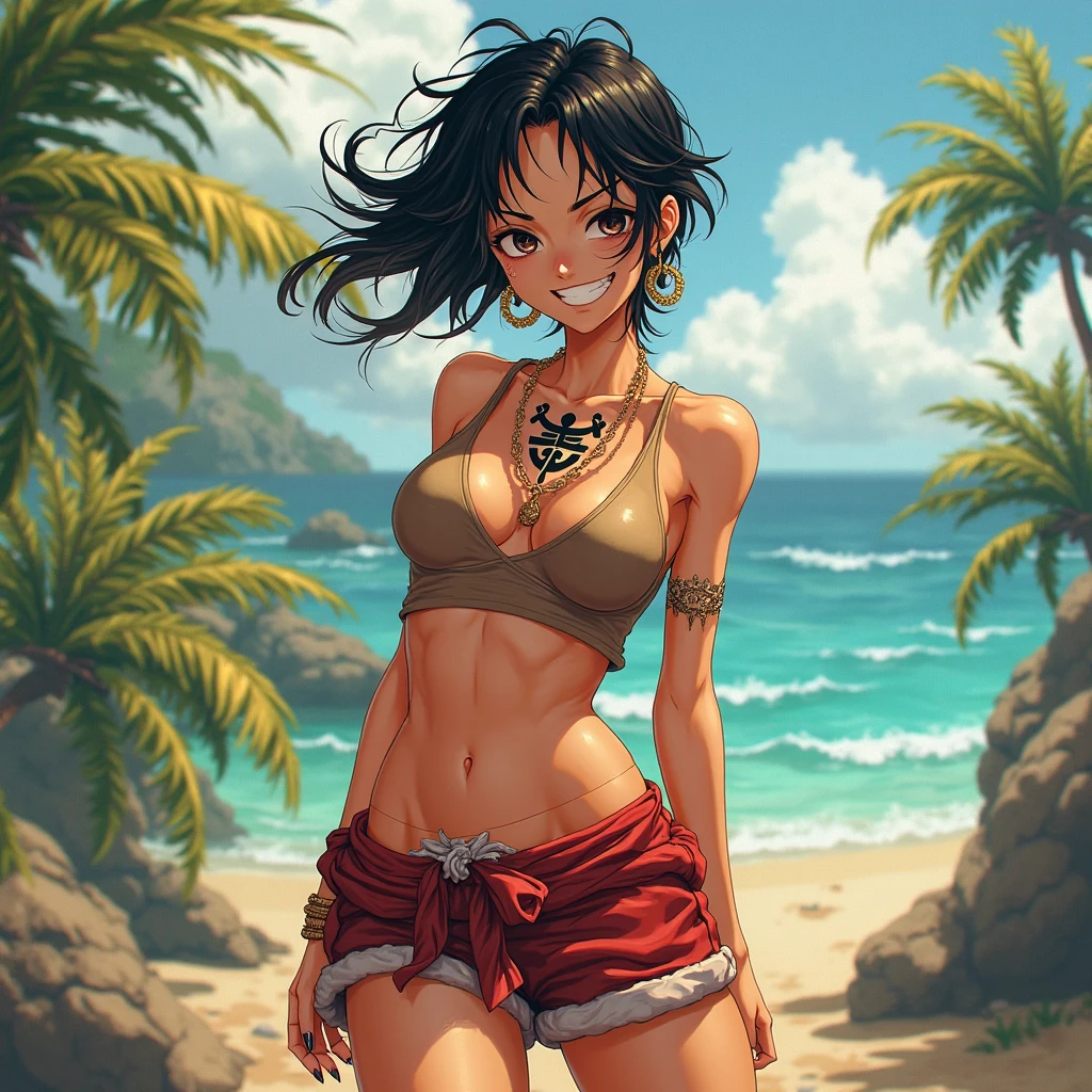 young woam, tattoed arms, tattoed body, ringed tattoos, maori tattoos, short hair, brown hair, orange eyes, black skin, tropical bikini, green seaweed skirt, on a beach, sunset, 4k