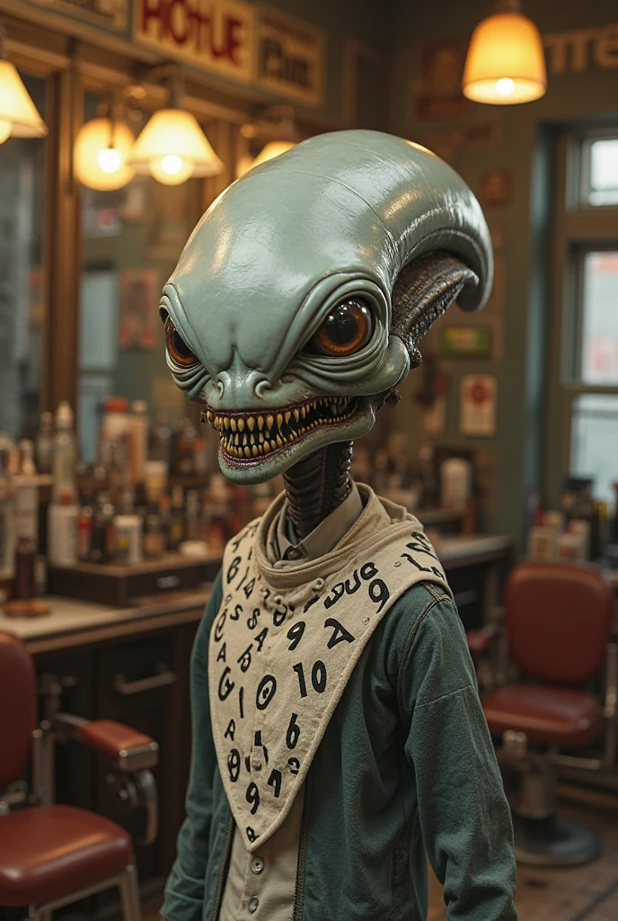 alien in tuxedo, curly hair, goatee