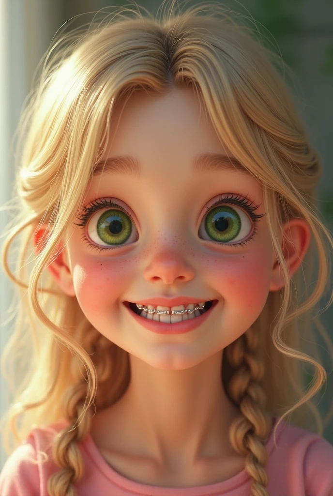 A 7-year-old girl, Disney Pixar style, high quality, self-patterned, vibrant colors and vibrant textures. With a sweet smile. Yellow shirt. [Disney Pixar], [high quality:1.1], [vibrant colors], [vibrant textures], [sweet smile], [yellow shirt]
