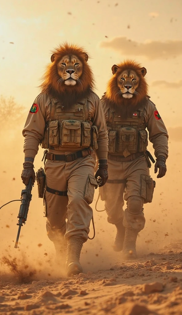 a group of humanoid lion-parachutist, torn and worn out khaki desert camouflage battle suits, dropped out of a military plane on a desert battlefield, smoke, fire, action shot, in motion, 8k, uhd, dslr, insane detailed, award-winning photo, misc, <lora:add-detail-xl:1>