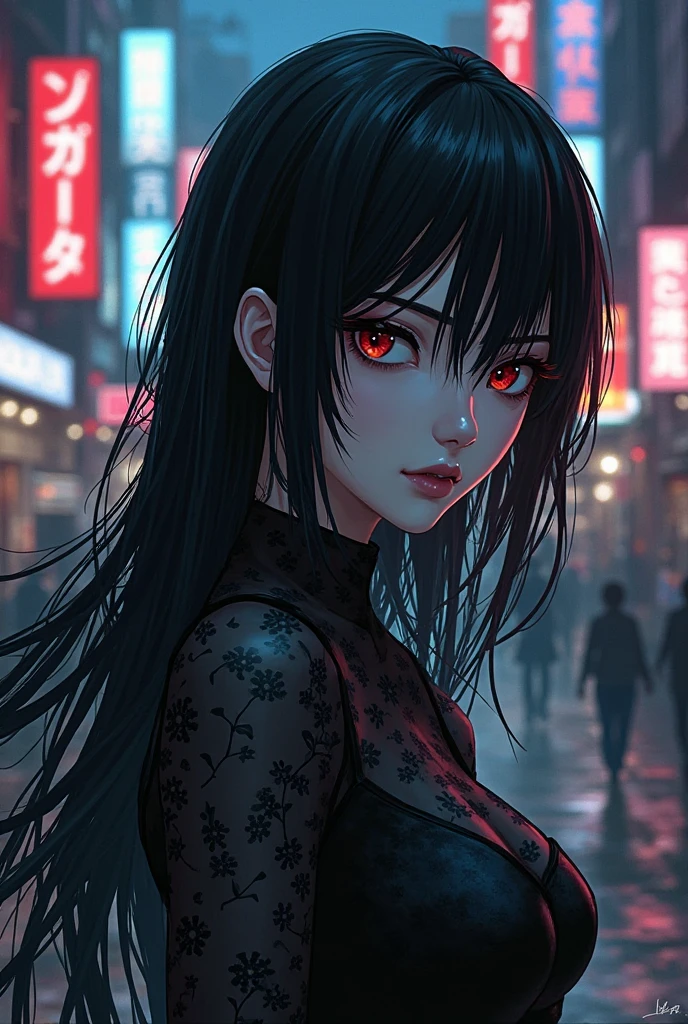 An anime character: Asian woman with red eyes. Her hair is black and long with bangs. She is wearing a black wedding dress. Ao fundo, a cyberpunk setting full of neons.