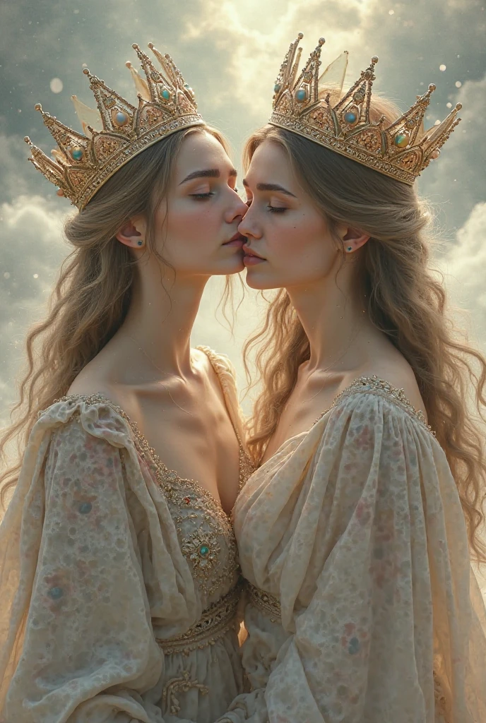 (masterpiece, best quality:1.5), Beautiful realistic photo, full body photographed, foto realista, (Correct anatomy of the hands), Girl 20 years old, with blonde hair, Dressed in a blue dress, hair light, beautiful face, With clean skin, detailing, Correct anatomy of the hands; beautiful face, Clean skin, In the background is a cosmic sky with stars,  romance novel cover, Genre Photography Beautiful Realistic Photography, hair light, beautiful face, Clean skin, romance novel cover, romance book cover, Romantic Fantasy, Book Cover Style, novel, Cover of the novel, Gender portrait,  (perfect anatomy:1.2), (two woman is deeply in love with each other:1.3), (kiss:1.2)