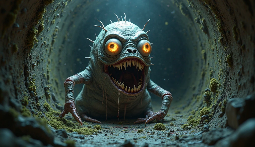 of a dark and muddy landscape with strange cute friendly creatures with huge eyes, mouth, long tongue and round teeth appearing from the wet mud, in the style of gehry, macro lens, shallow depth of field, highly detailed, digital painting, trending artstation, concept art, illustration, cinematic lighting, vibrant colors, photorealism, epic, octane render