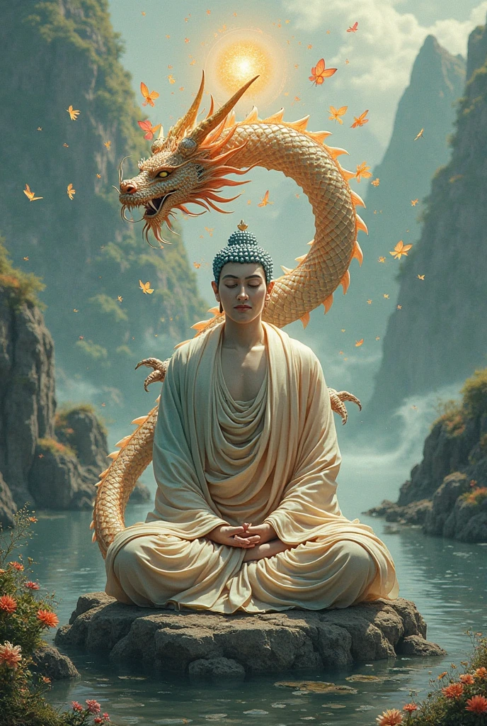 arafed man korean 30 year old sitting in front of a yellow dragon with his meditate, look at the audience, ross tran and michael whelan, man with the soul of a dragon, god of dragons, wojtek fus, ross tran and bayard wu, edgar maxence and ross tran, daoist, ross tran and wlop, ross tran 8 k, wlop and ross tran