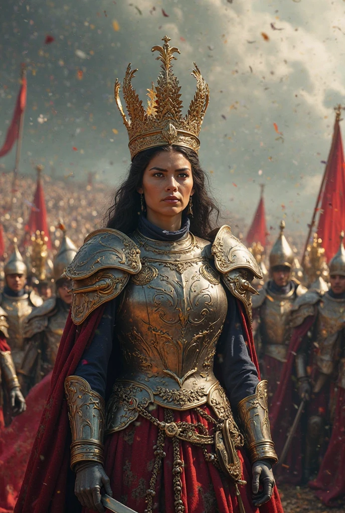 Fierce and powerful queen leading her army into battle, wearing elaborate armor and holding a legendary weapon, fingers corrected, professional color grading , soft shadow , clean sharp focus, film photography