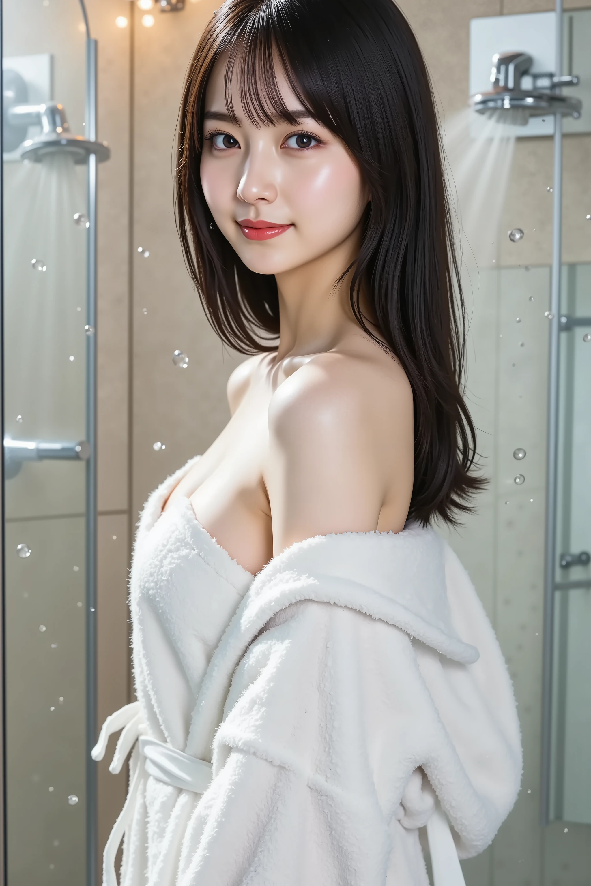 A highly detailed, ultra-realistic digital illustration of a beautiful young Asian woman in a bathroom shower setting. She is depicted from the waist up, ensuring her entire head is within the frame. Her long, voluminous black hair is wet and slicked back, with water droplets visibly running down individual strands and dripping from the ends. Her clear, radiant skin glistens with moisture under the bathroom lighting, with water beading on her face and shoulders.
She wears a plush white bathrobe that is partially wet and clinging to her body in places. The bathrobe is slightly open at the collar, revealing her collarbones and a hint of her shoulders. The fabric of the robe shows realistic wet patches that appear darker and more translucent than the dry areas. Multiple water droplets are captured mid-drip, falling from her hair, face, and the edges of the bathrobe.
Her expression shows a mixture of relaxation and refreshment, with water droplets clinging to her eyelashes and lips. Her large, expressive eyes catch the light through the water drops, creating a captivating effect. Her makeup appears minimal or freshly washed away, giving her a natural, clean appearance.
The background features a modern shower room with steamy glass panels, tiled walls with water running down them, and chrome fixtures. Water droplets cling to the glass surfaces, and a fine mist of steam fills parts of the air. The shower is still running, with visible water streams in the background. Chrome fixtures reflect the bathroom lighting, creating highlights that contrast with the water droplets.
The lighting comes from overhead bathroom lights, creating a clean, bright atmosphere while highlighting the wet surfaces and creating realistic reflections on the water droplets and wet skin. The color palette consists predominantly of whites, light blues, and subtle warm skin tones.
The image is rendered in stunning 8K resolution, capturing every intricate detail with pristine clarity - from individual