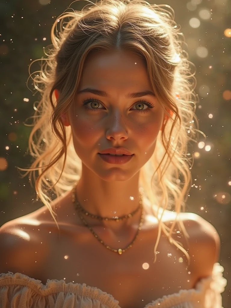Superb masterpiece, upper body, (adult: 1.6) Hungarian woman, (giggle: 0.4), arms behind the head, golden braids, sparkling eyes, Victorian sun dress, floating light particles, centered, added facial detail